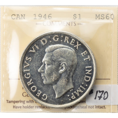 SOLD Canada 1946 $1 Silver Dollar Coin - ICCS MS-60