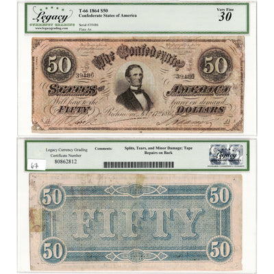 United States 1864 $50 Confederate States Note T-66 - Legacy VF-30