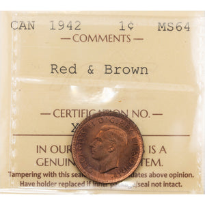 SOLD Canada 1942 1 Small Cent Coin - ICCS MS-64 Red & Brown