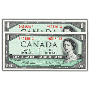 SOLD $1 1954 Bank of Canada Notes T/Y Prefix BC-37b - 2 Consecutive - Ch UNC