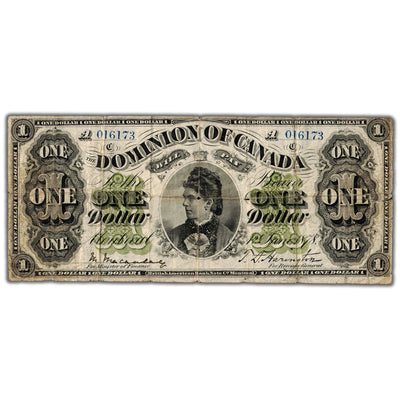 SOLD $1 1878 Dominion of Canada Note Montreal Series A DC-8e-i - Fine (holes)