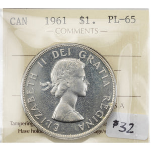 SOLD Canada 1961 $1 Silver Dollar Coin - ICCS Proof-Like PL-65