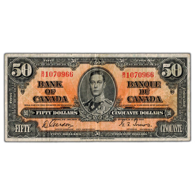 SOLD $50 1937 Bank of Canada Note Gordon-Towers B/H Prefix BC-26b - F/VF