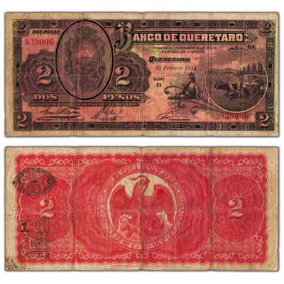 Mexico Banco de Queretaro 1914 2 Two Pesos Note P #S398b - Circulated
