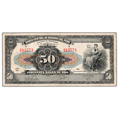 Peru 1947 50 Soles de Oro Note P #68Aa - VF