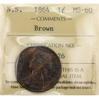 Nova Scotia 1864 One Large Cent Coin - ICCS MS-60 Brown