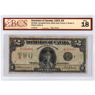 $2 1923 Dominion of Canada Note Black Seal Series V DC-26k - BCS F-18