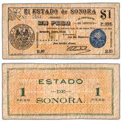 Mexico El Estado de Sonora 1913 1 One Peso Note P #S1066c - Circulated