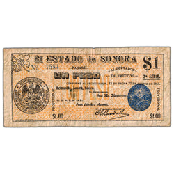 Mexico El Estado de Sonora 1913 1 One Peso Note P #S1066c - Circulated