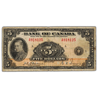 SOLD $5 1935 Bank of Canada Note English Text BC-5 - Circulated