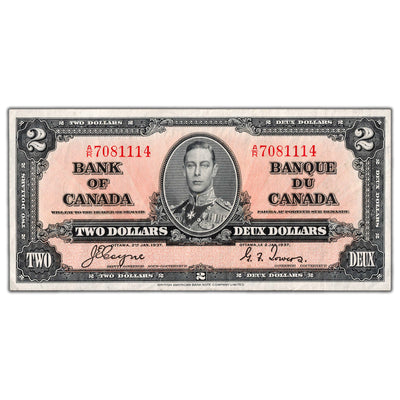 $2 1937 Bank of Canada Note Coyne-Towers A/R Prefix BC-22c - Abt. EF (tear)