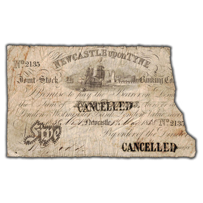 Great Britain 1838 Newcastle upon Tyne 5 Pounds Cancelled Note - Missing Piece