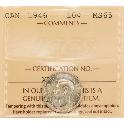 SOLD Canada 1946 10 Cents Dime Silver Coin - ICCS MS-65