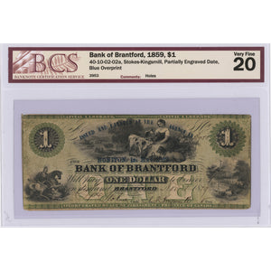 SOLD $1 1859 Bank of Brantford Canada Chartered Note Blue Overprint - BCS VF-20