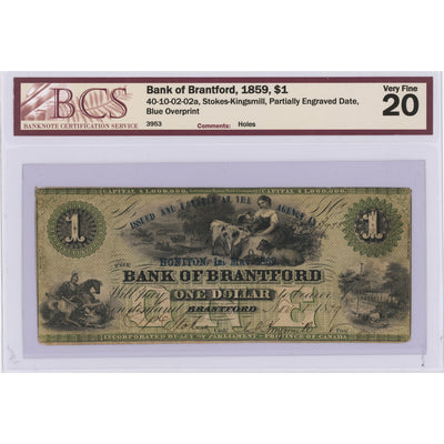 SOLD $1 1859 Bank of Brantford Canada Chartered Note Blue Overprint - BCS VF-20