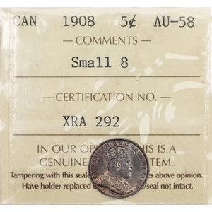SOLD Canada 1908 Small 8 5 Cents Silver Coin - ICCS AU-58