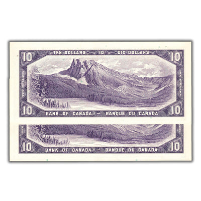 SOLD $10 1954 Bank of Canada Note Beattie-Rasminsky S/V Prefix BC-40b - 2 Consecutive
