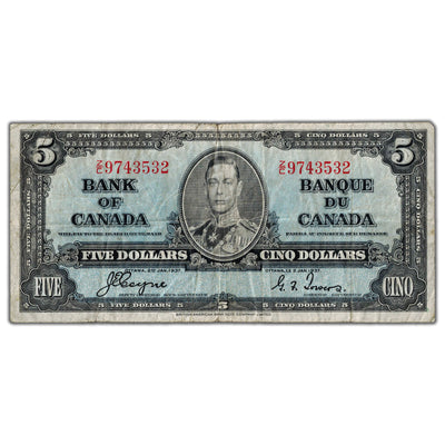 $5 1937 Bank of Canada Note Coyne-Towers Z/C Prefix BC-23c - Fine