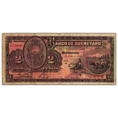 Mexico Banco de Queretaro 1914 2 Two Pesos Note P #S398b - Circulated