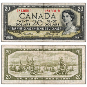 SOLD $20 1954 Bank of Canada Note Devil Face D/E Prefix BC-33b - Fine