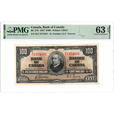 SOLD $100 1937 Bank of Canada Note Gordon-Towers B/J Prefix BC-27b - PMG UNC-63 EPQ