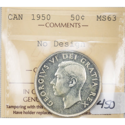 SOLD Canada 1950 No Design 50 Cents Half Dollar Silver Coin - ICCS MS-63
