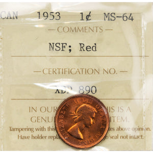 SOLD Canada 1953 NSF 1 Small Cent Coin - ICCS MS-64