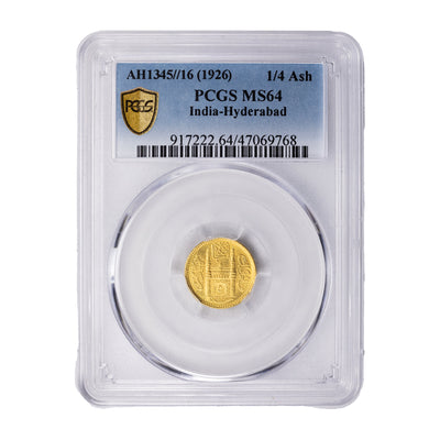 SOLD India Hyderabad 1926 1/4 Ashrafi Gold Coin - PCGS MS-64
