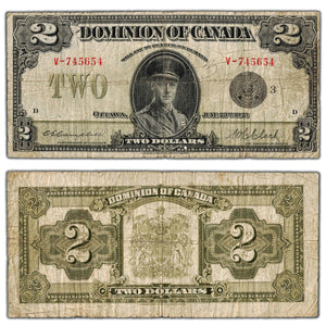SOLD $2 1923 Dominion of Canada Note Black Seal Series V DC-26k - Light Pencil
