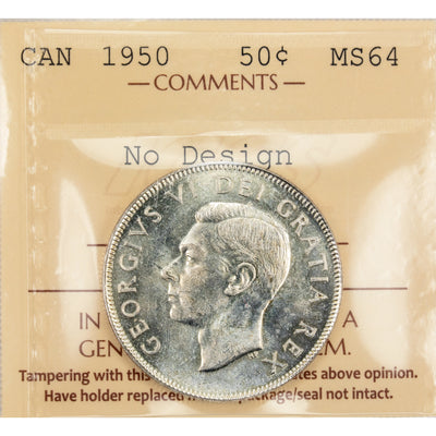 Canada 1950 No Design 50 Cents Half Dollar Silver Coin - ICCS MS-64