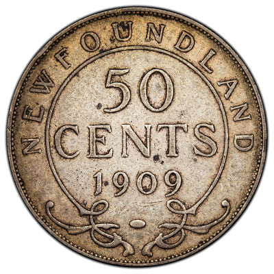 Newfoundland 1909 50 Cents Half Dollar Silver Coin - Very Fine +