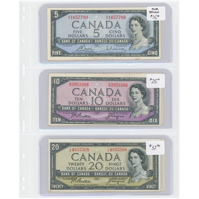 SOLD $5-20 1954 Bank of Canada Notes Modified Portrait - Lot of 6 - Retail $154.5