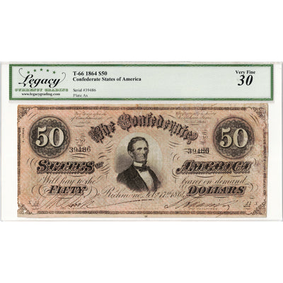 United States 1864 $50 Confederate States Note T-66 - Legacy VF-30