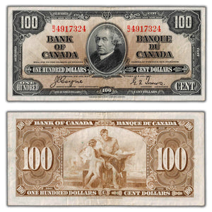 SOLD $100 1937 Bank of Canada Note Coyne-Towers B/J Prefix BC-27c - VF