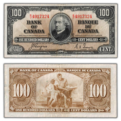 SOLD $100 1937 Bank of Canada Note Coyne-Towers B/J Prefix BC-27c - VF