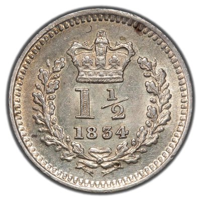 SOLD Great Britain 1834 1 1/2 Pence Silver Coin - Reverse Small Scratch