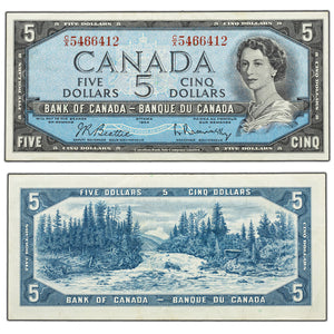 SOLD $5 1954 Bank of Canada Note Beattie-Rasminsky C/X Prefix BC-39b - VF/EF