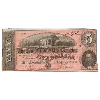 SOLD United States 1864 $5 Confederate States of America Note - Circulated