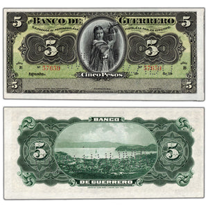 SOLD Mexico El Banco de Guerrero ND (Ca. 1914) 5 Five Pesos Note P #S298c - AU/UNC