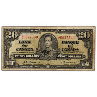 $20 1937 Bank of Canada Note Osborne Signature BC-25a - Pinholes