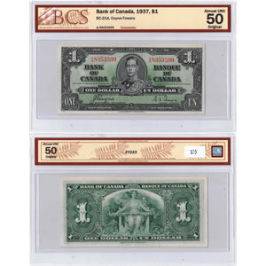 SOLD $1 1937 Bank of Canada Note Coyne-Towers A/N Prefix BC-21d - BCS AU-50
