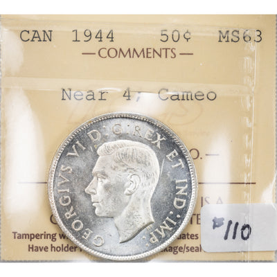 SOLD Canada 1944 Near 4 50 Cents Half Dollar Silver Coin - ICCS MS-63 Cameo