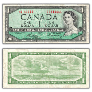 SOLD $1 1954 Bank of Canada Note BC-37c - Near Solid Serial - Large Tear