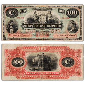 Peru 1879 100 Soles Note P #9 - Pinholes/Tears