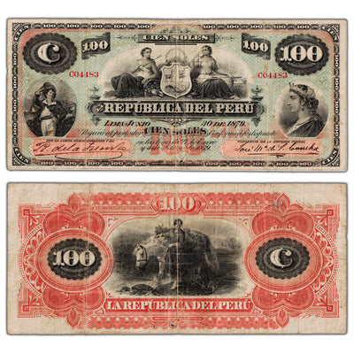 Peru 1879 100 Soles Note P #9 - Pinholes/Tears
