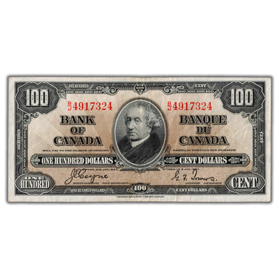 SOLD $100 1937 Bank of Canada Note Coyne-Towers B/J Prefix BC-27c - VF