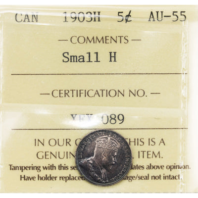 Canada 1903-H Small H 5 Cents Silver Coin - ICCS AU-55