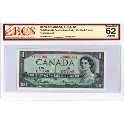SOLD $1 1954 Bank of Canada Note *B/M Replacement Binary Serial BC-37bA-i-N8 - BCS Ch UNC-62