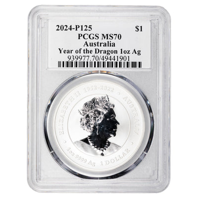 SOLD Australia 2024 P125 Year of the Dragon 1oz .999 Fine Silver Coin - PCGS MS-70