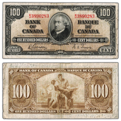 SOLD $100 1937 Bank of Canada Note Gordon-Towers B/J Prefix BC-27b - Minor Edge Tears